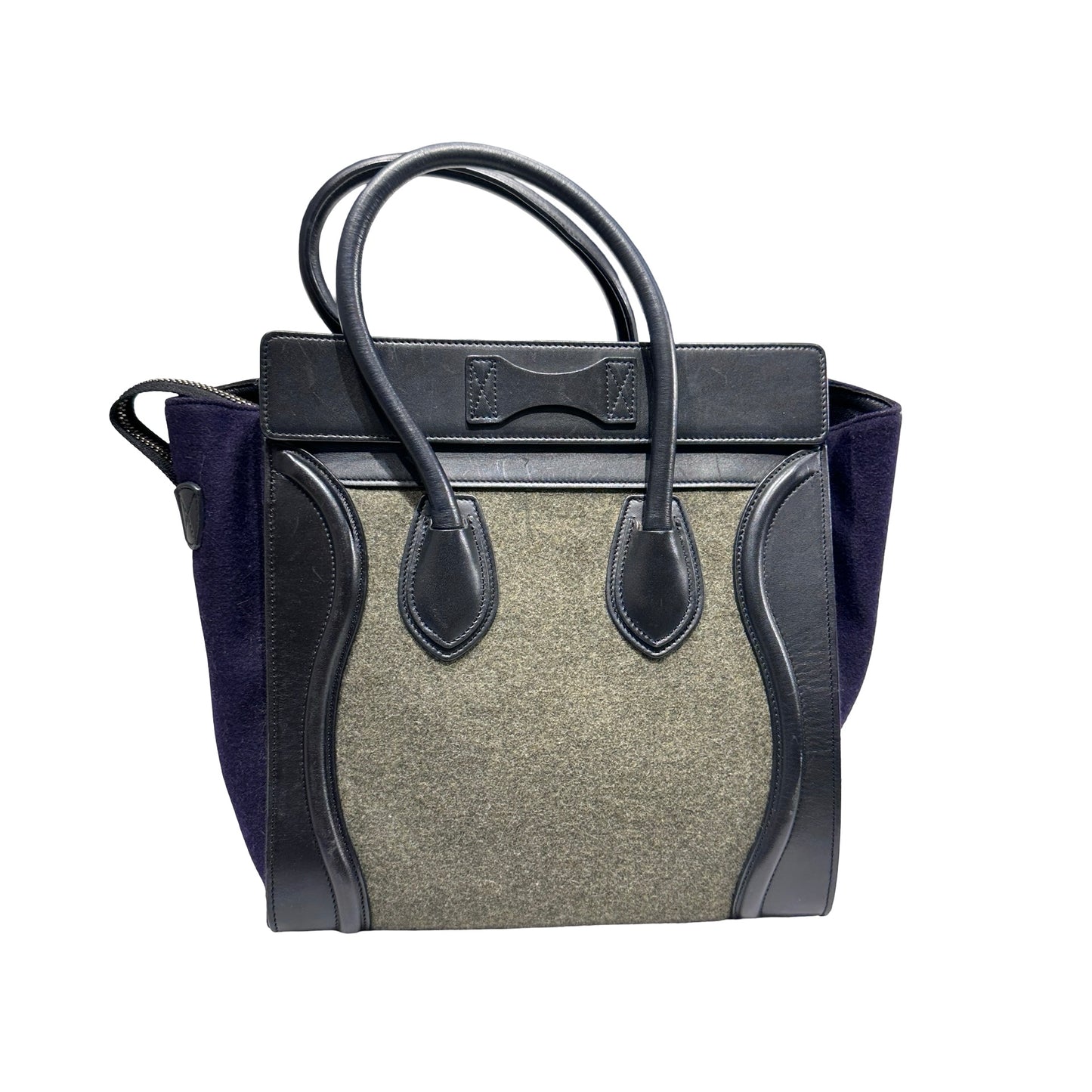 Used CÉLINE Calfskin Leather LUGGAGE Handbag GREEN PURPLE Black GHW