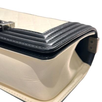 Used CHANEL Lambskin Leather Boy 20cm Shoulder Bag Black White