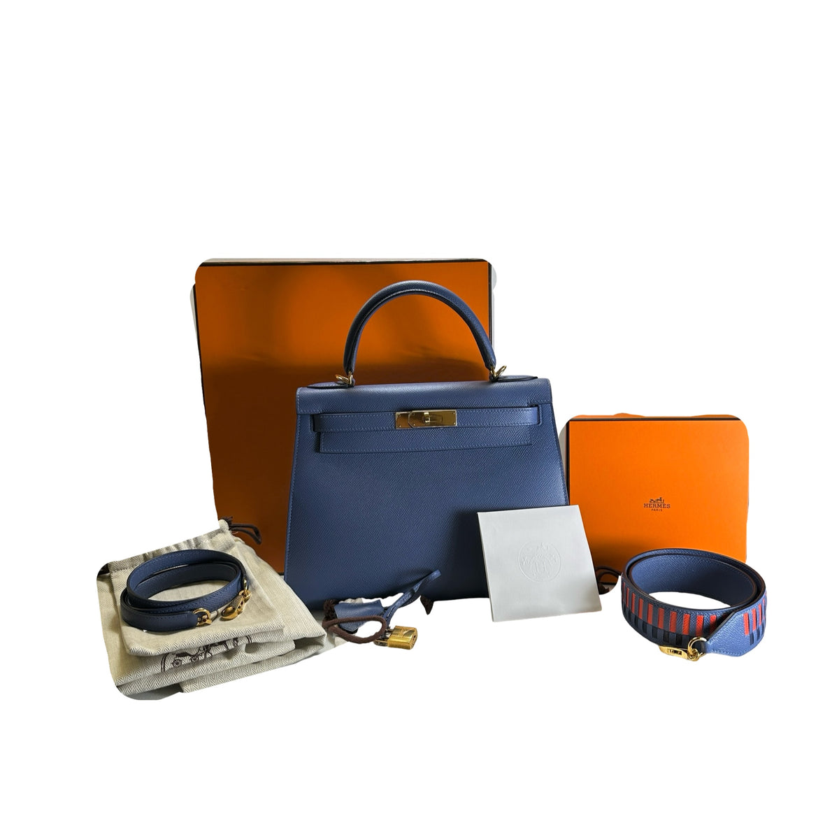Used HERMES Epsom Kelly 28 with strap Handbag Blue Gold