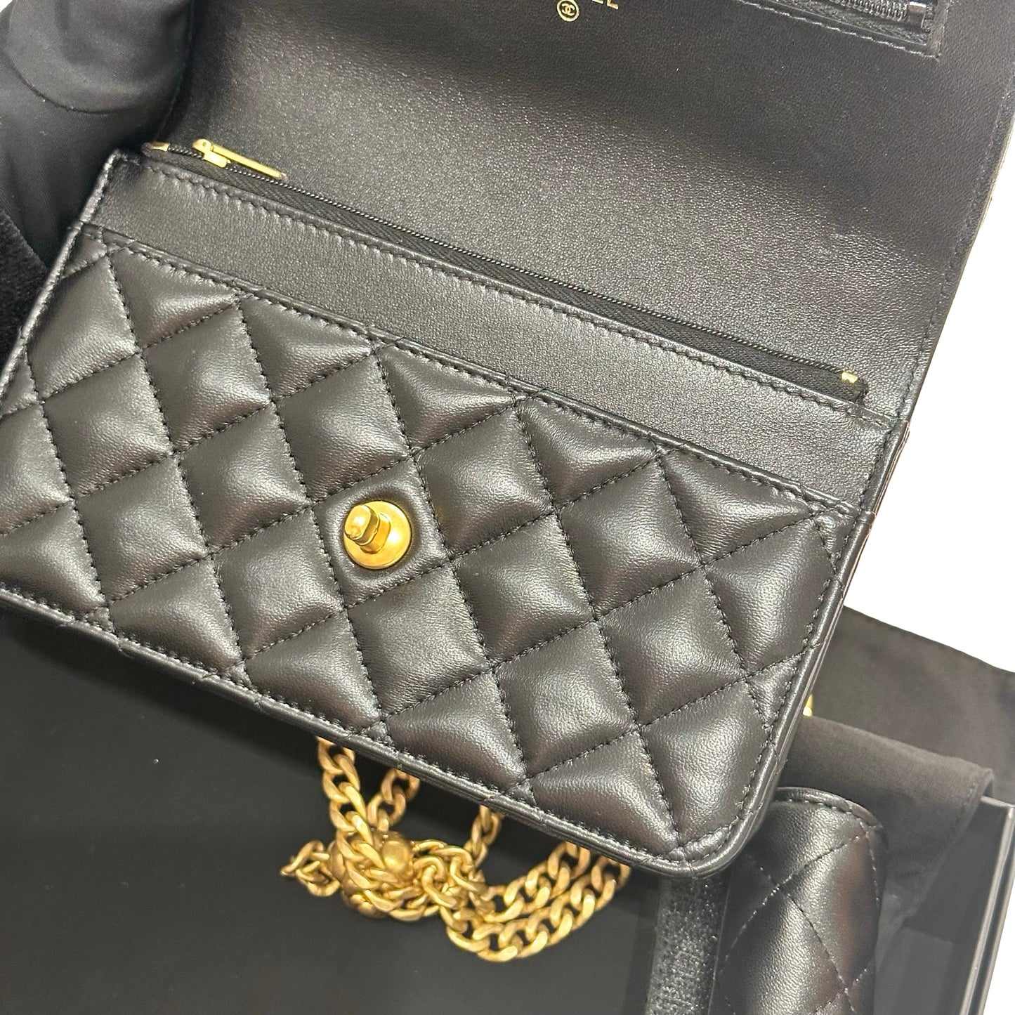 Used CHANEL WOC with Camellia Chain Shoulder Bag Black GHW