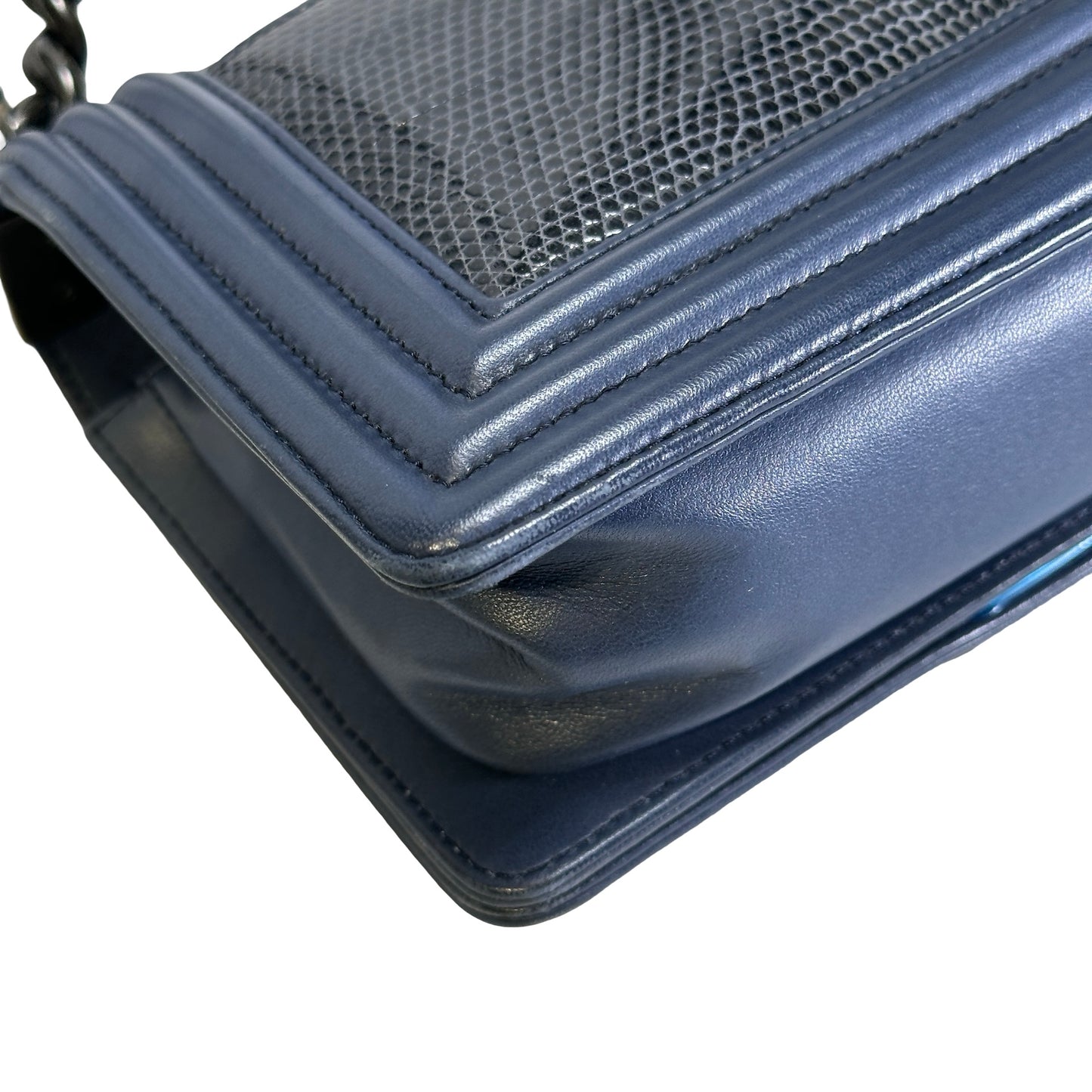 Used CHANEL Lizard Calfskin Boy Bag Shoulder Bag Navy Blue