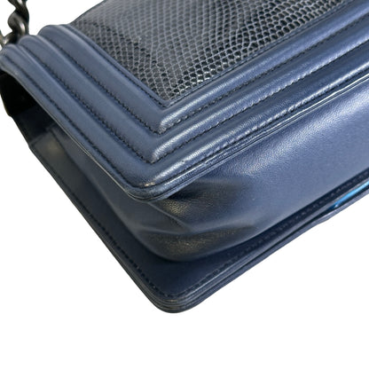 Used CHANEL Lizard Calfskin Boy Bag Shoulder Bag Navy Blue