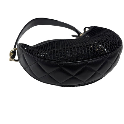 Used CHANEL Mesh 25S Half Moon Clutch Chain Shoulder Bag Black