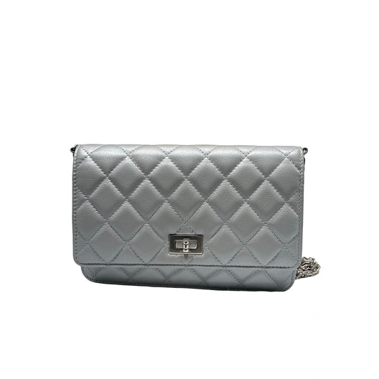 Used CHANEL Calfskin Leather 2.55 WOC Cross Body Bag Grey PHW