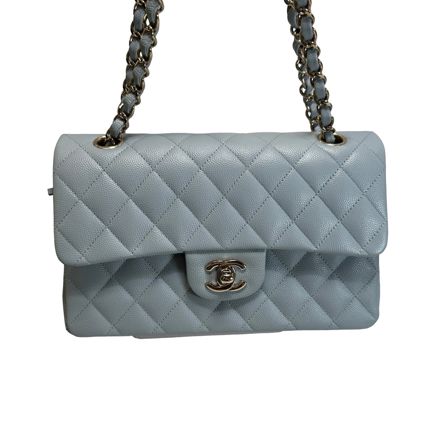 Used CHANEL Quilted Caviar CF23 Chain Shoulder Bag Light Blue GHW
