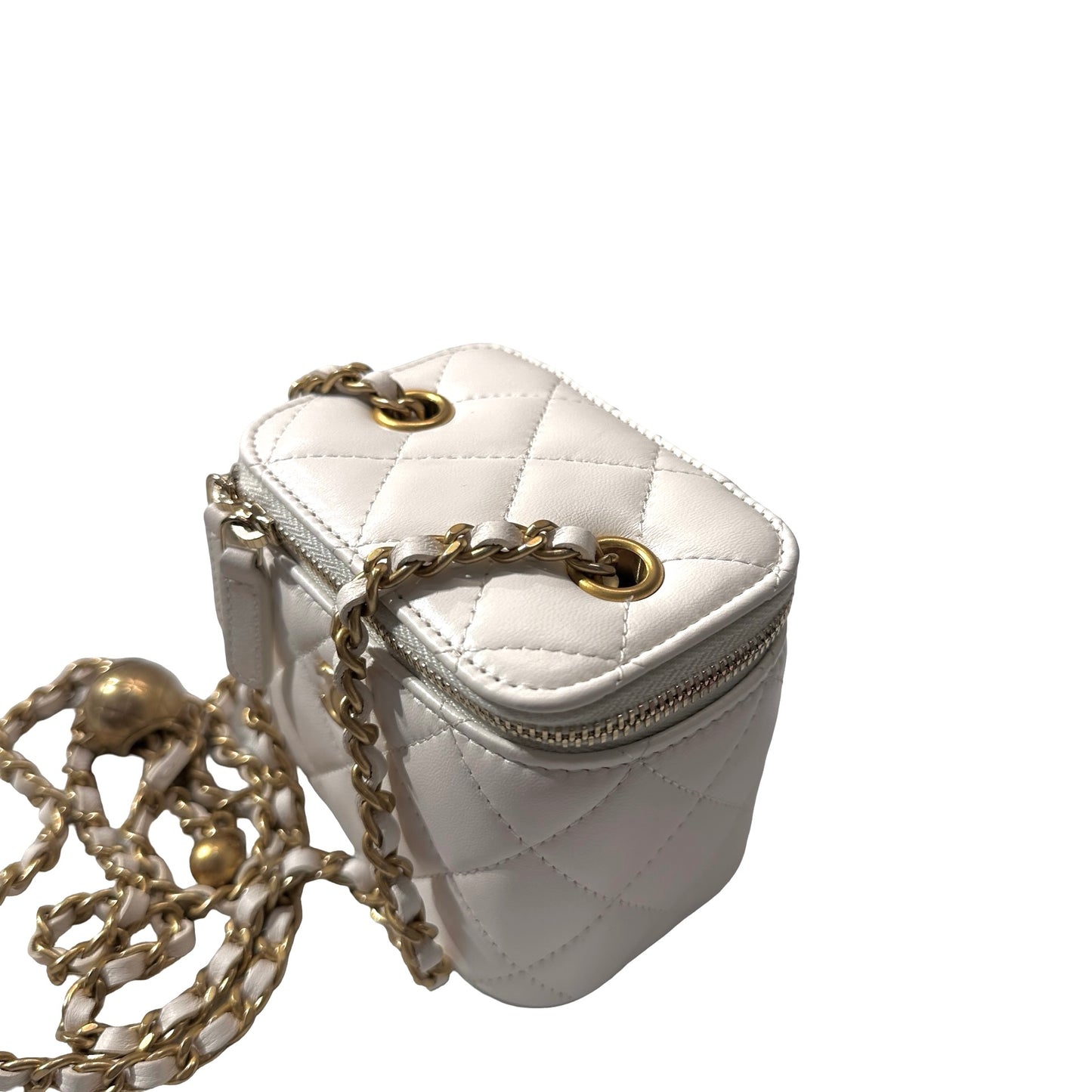 Used CHANEL Lambskin Leather Vanity Case with Gold Ball Cross Body Bag White GHW
