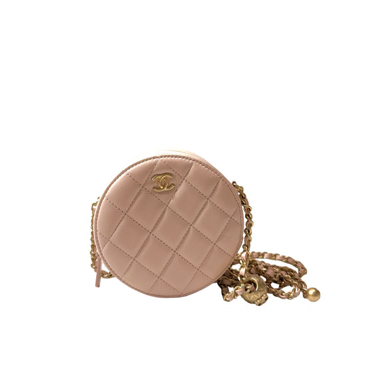 Used CHANEL Lambskin Leather Chain with Gold Ball Cross Body Bag Pink GHW