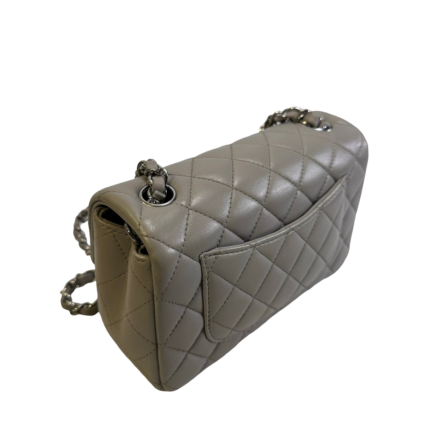 Used CHANEL Quilted Lambskin Mini Rectangular Flap Bag Shoulder Bag Grey Silver Hardware