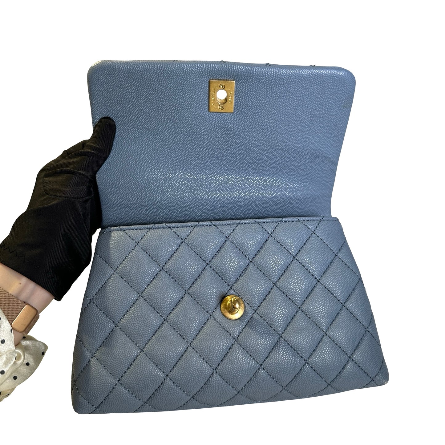 Used CHANEL Quilted Caviar Lizard Coco Handle Handbag Blue