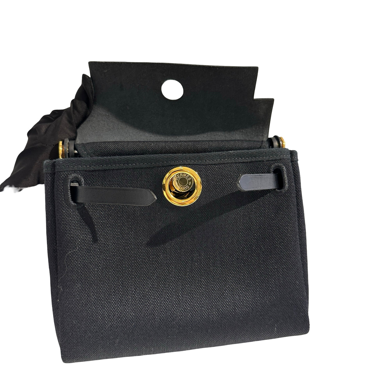 Used HERMES Canvas Leather Mini Herbag Handbag Black GHW