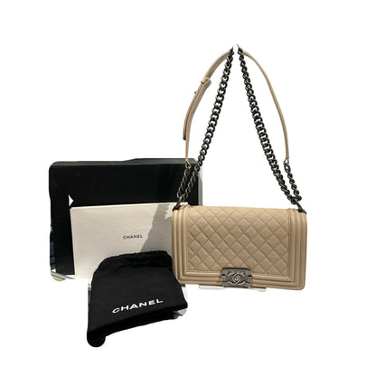 Used Chanel Caviar Leather Boy 25 Shoulder Bag Beige PHW