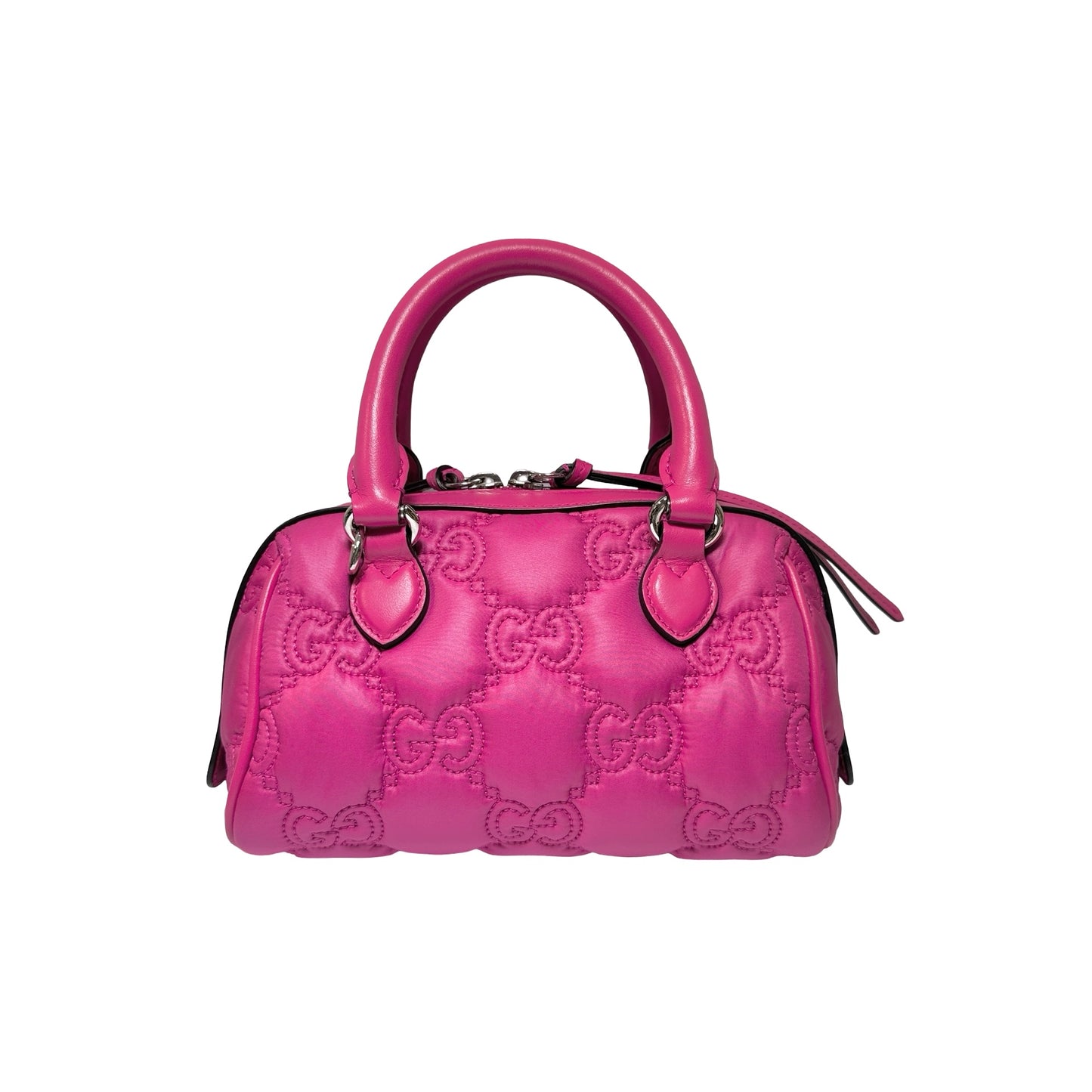Used GUCCI GG CANVAS Calfskin Leather GG Matelasse Mini Bowling Handbag Pink PHW