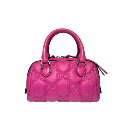 Used GUCCI GG CANVAS Calfskin Leather GG Matelasse Mini Bowling Handbag Pink PHW