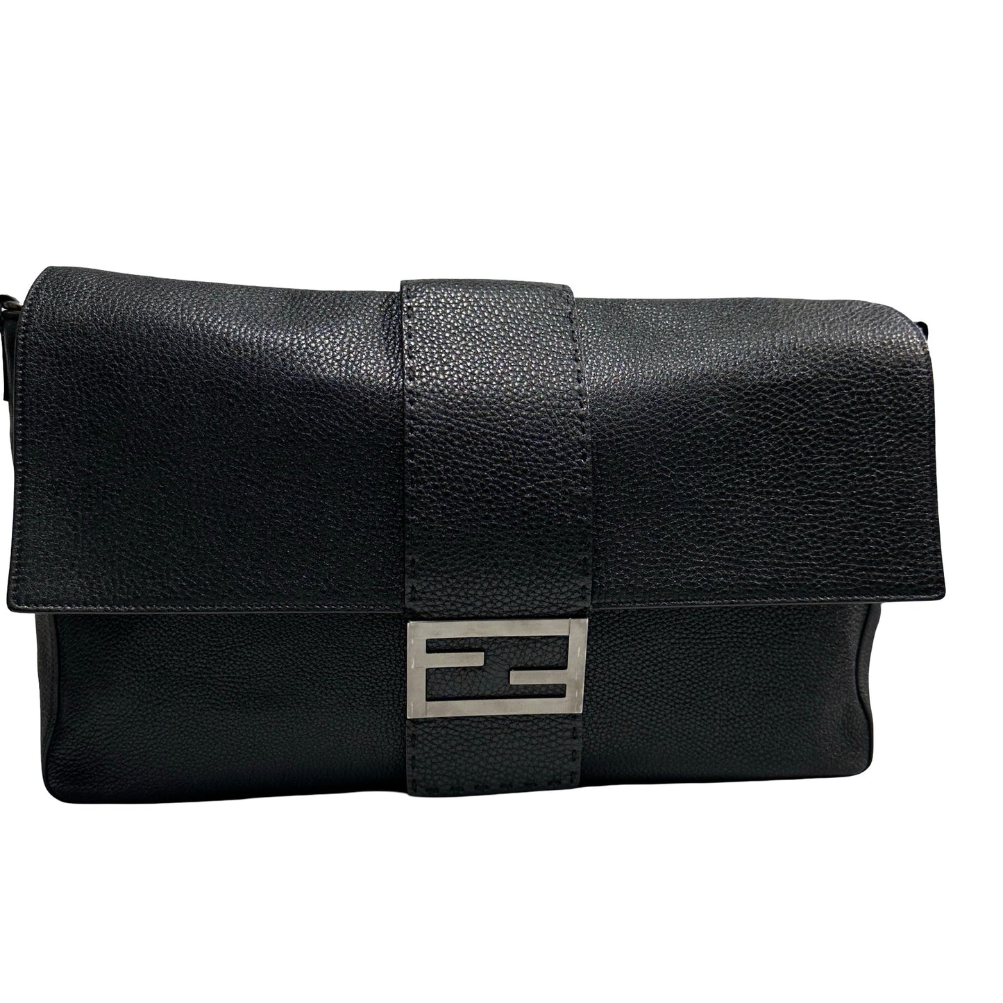 Used FENDI Calfskin Leather Baguette messenger Messenger Bag PHW Black