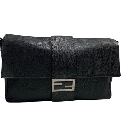 Used FENDI Calfskin Leather Baguette messenger Messenger Bag PHW Black
