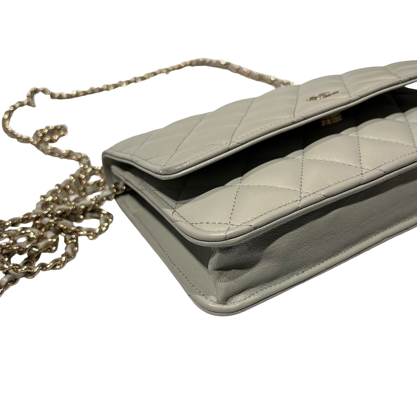 Used CHANEL Lambskin WOC Cross Body Bag Gray GHW
