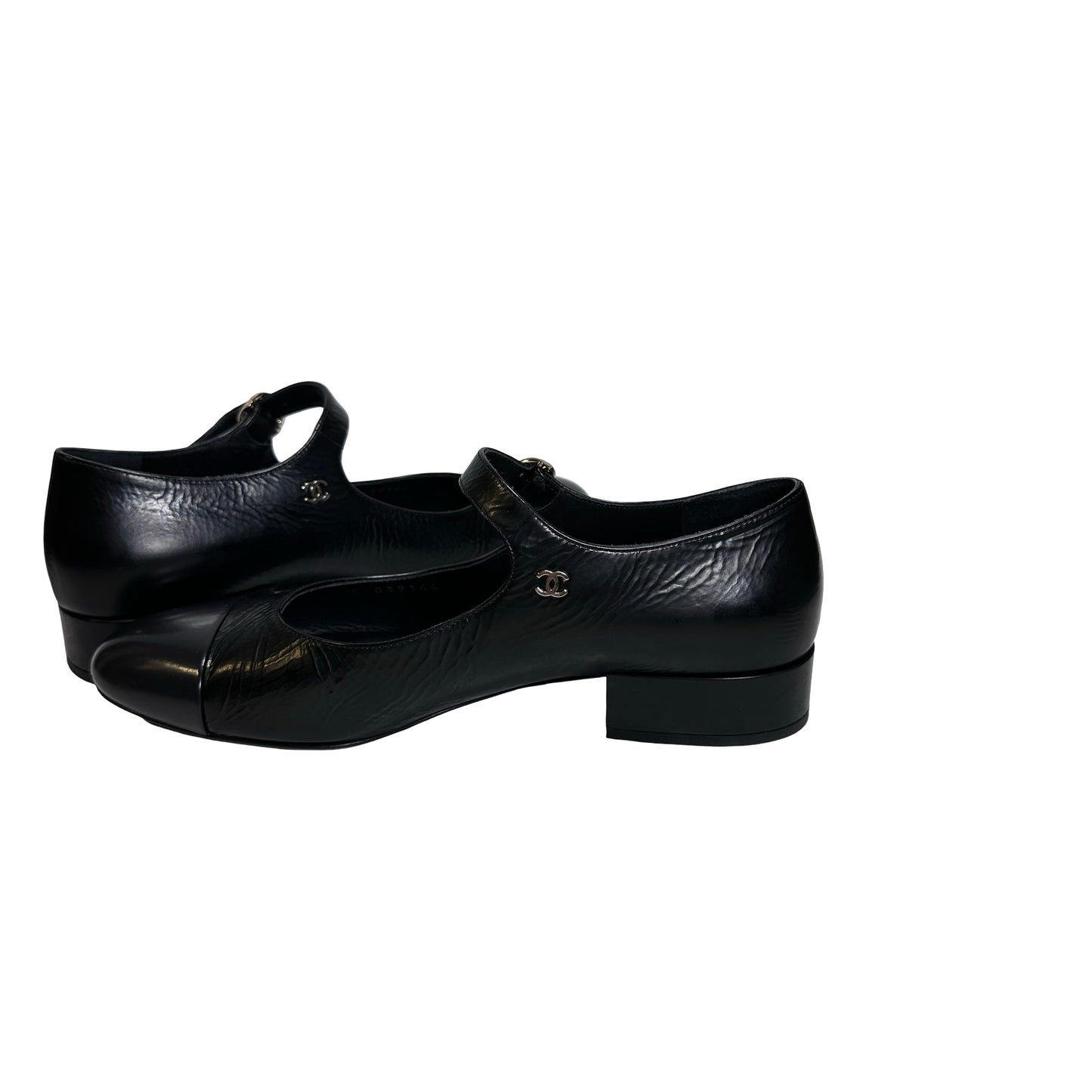 Used CHANEL Crinkled Calfskin Patent Calfskin Mary Jane Pumps Shoes Black GHW