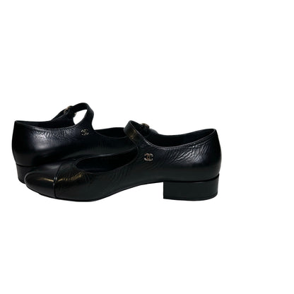 Used CHANEL Crinkled Calfskin Patent Calfskin Mary Jane Pumps Shoes Black GHW