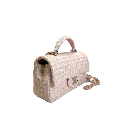 Used CHANEL Tweed Quilted Mini Flap Bag with Top Handle Handbag Pink White