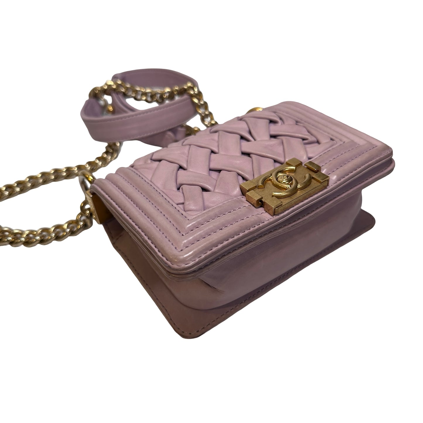 Used CHANEL Braided Lambskin Boy Chain Shoulder Bag Lilac Gold