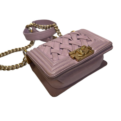 Used CHANEL Braided Lambskin Boy Chain Shoulder Bag Lilac Gold