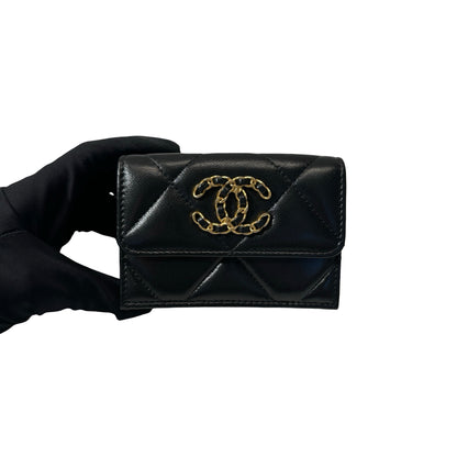 Used Chanel Calfskin Leather C19 Flap Card Holder Black GHW
