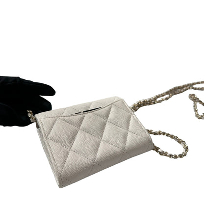 Used CHANEL Calfskin Leather MINI Cross Body Bag PHW White