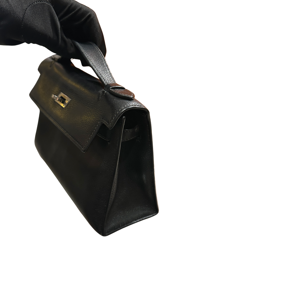 Used HERMES Leather Kelly Pochette Handbag Black Silver