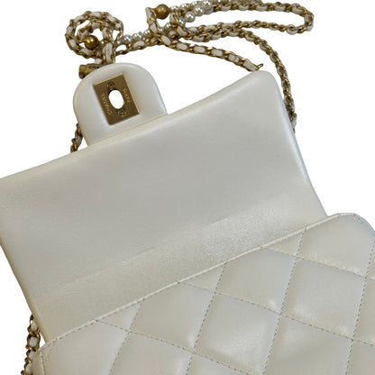 Used CHANEL Lambskin Mini Flap Bag With pearl Mini Bag White