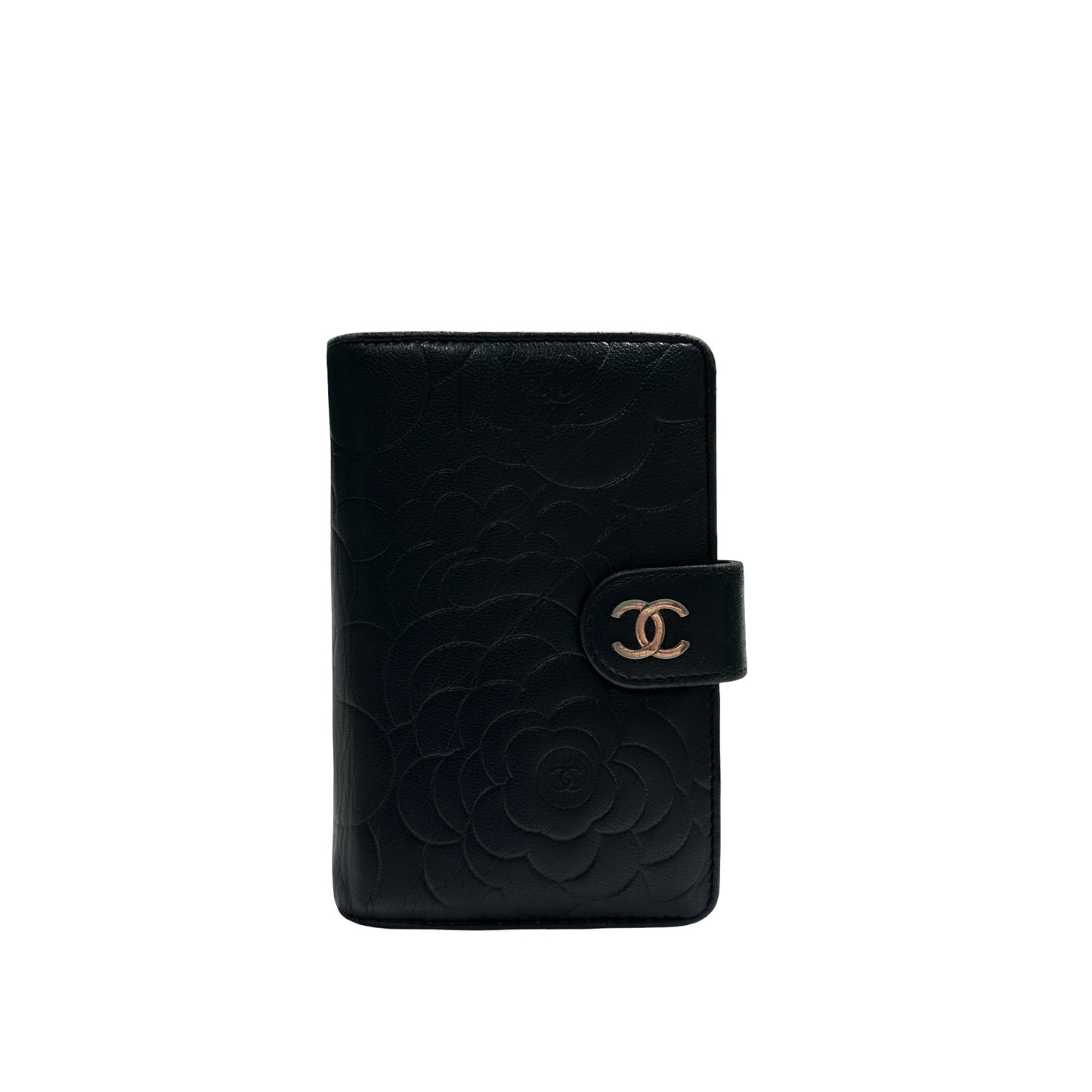 Used CHANEL Camellia Caviar Camellia Wallet Black Silver
