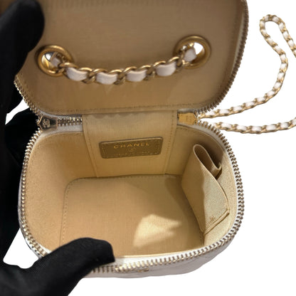 Used CHANEL Lambskin Leather Vanity Case with Gold Ball Cross Body Bag White GHW
