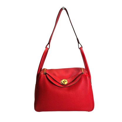 Used HERMES Clemence Lindy Handbag Red