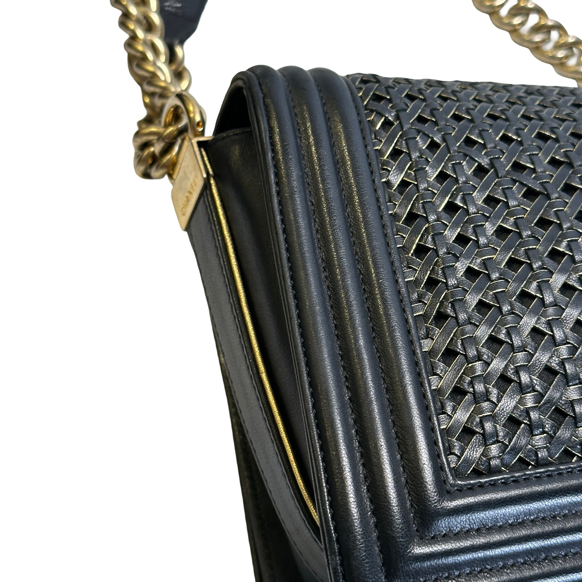 Used CHANEL Woven Leather Boy Chain Shoulder Bag Black Gold