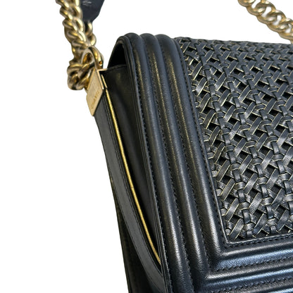 Used CHANEL Woven Leather Boy Chain Shoulder Bag Black Gold