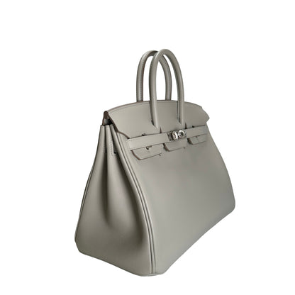 Used HERMES Swift Leather Birkin 25 Handbag Grey PHW