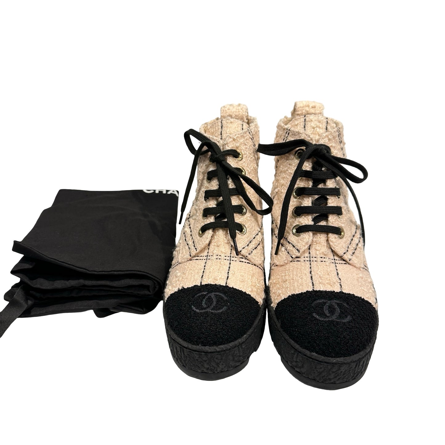 Used CHANEL Tweed High-top Sneakers Shoes Beige Black GHW