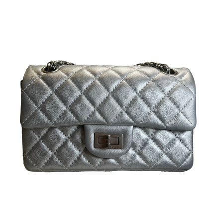 Used CHANEL Quilted Calfskin Mini 2.55 Chain Shoulder Bag Silver
