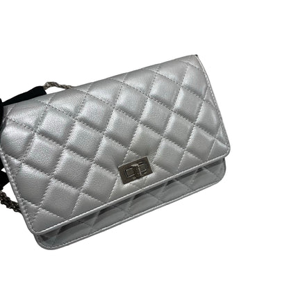 Used CHANEL Calfskin Leather 2.55 WOC Cross Body Bag Grey PHW