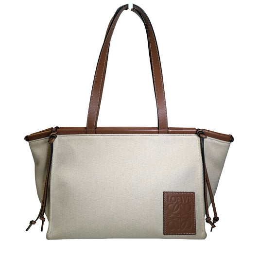 Used LOEWE Canvas Calfskin Cushion Tote Bag Ecru Tan