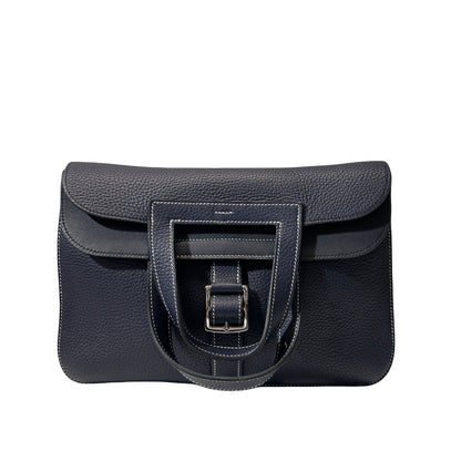 Used HERMÈS Clemence leather Halzan 31 Shoulder Bag Navy Blue PHW