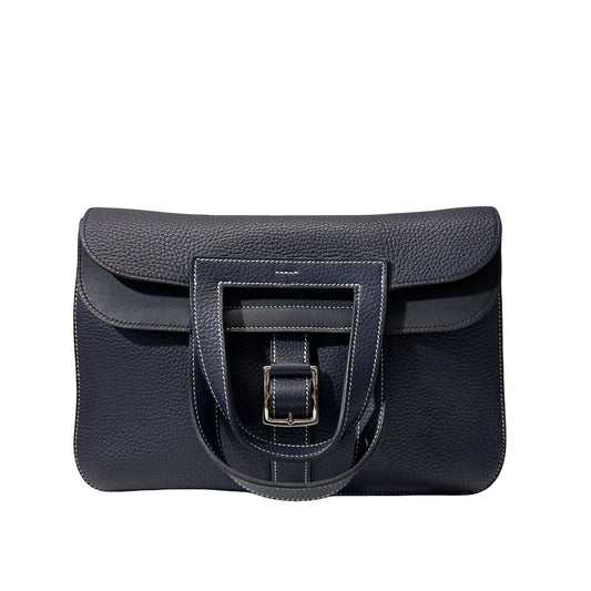 Used HERMÈS Clemence leather Halzan 31 Shoulder Bag Navy Blue PHW