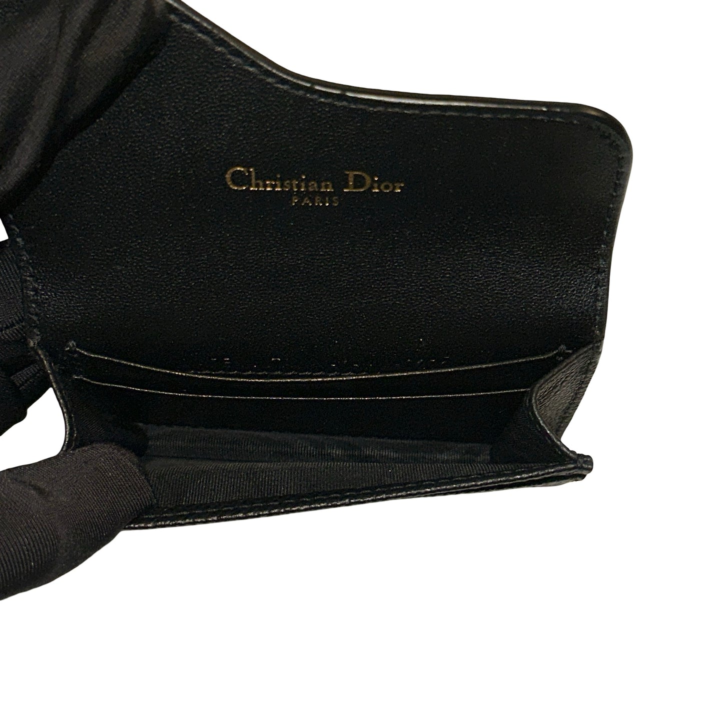 Used DIOR Goatskin Saddle Flap Card Holder Black GHW