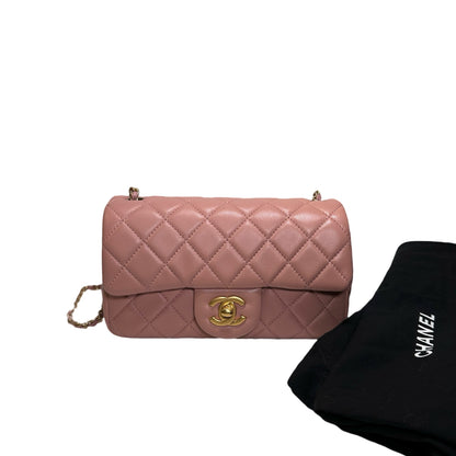 Used CHANEL Diamond Quilted Lambskin Mini Rectangular Flap Chain Shoulder Bag Pink