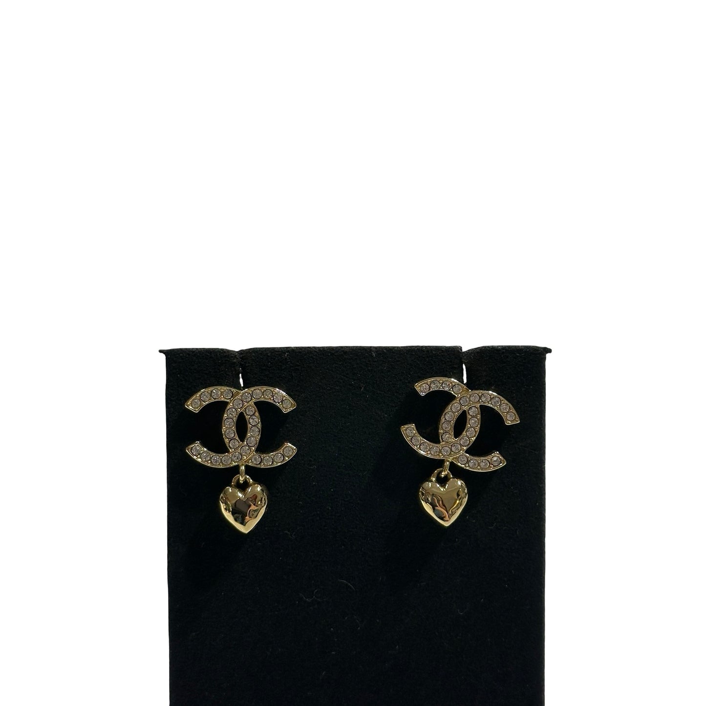 Used CHANEL Rhinestone CC with Heart Drop Earrings Gold Clear
