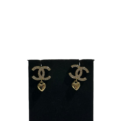 Used CHANEL Rhinestone CC with Heart Drop Earrings Gold Clear