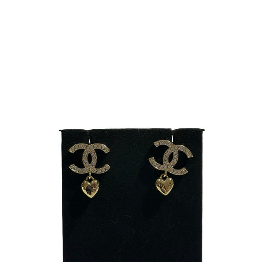 Used CHANEL Rhinestone CC with Heart Drop Earrings Gold Clear