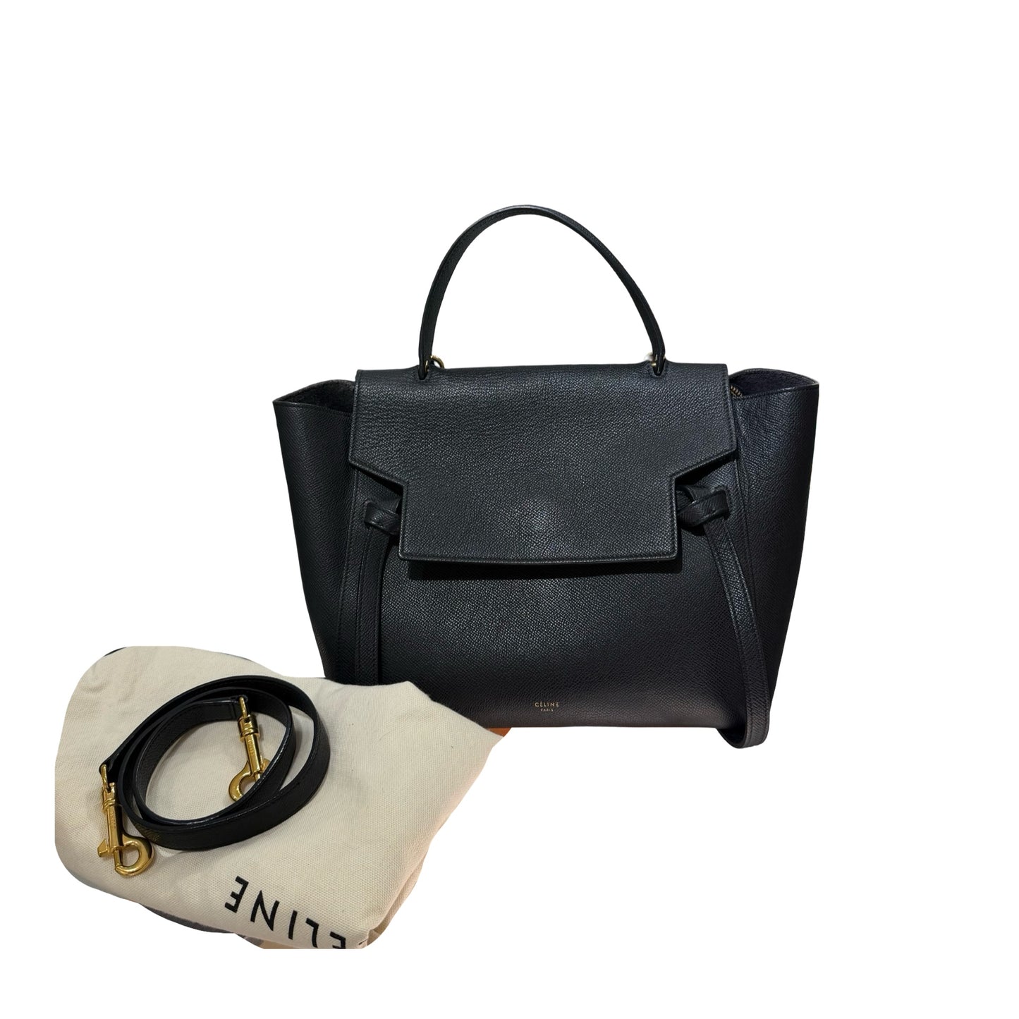 Used CÉLINE Calfskin Leather Belt Cross Body Bag Black GHW
