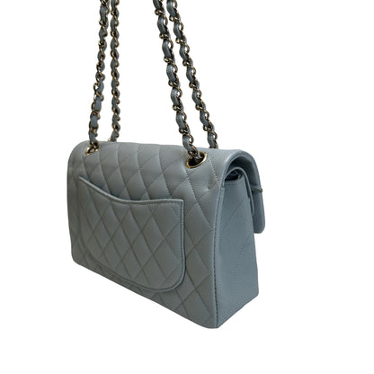 Used CHANEL Quilted Caviar CF23 Chain Shoulder Bag Light Blue GHW