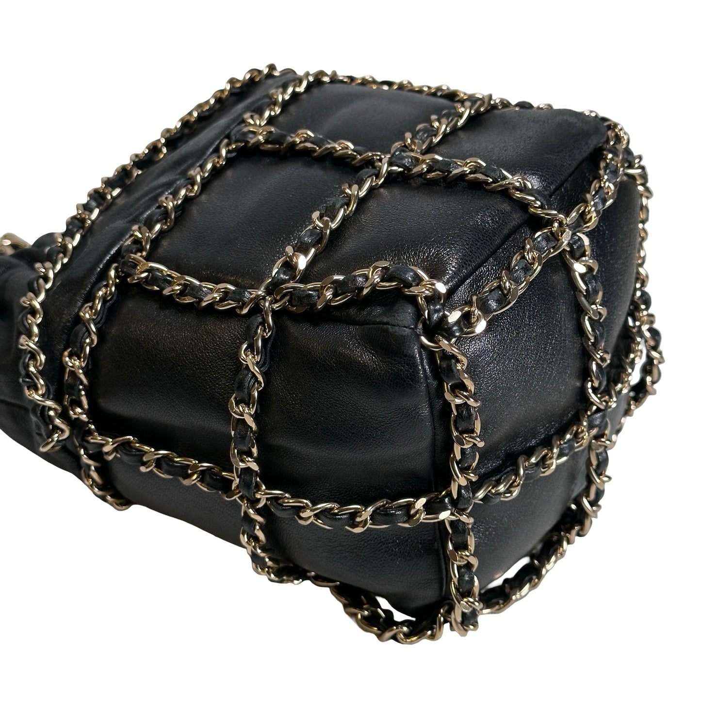 Used CHANEL Leather Drawstring Bag Drawstring Bag Black GHW