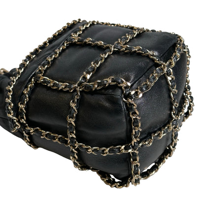 Used CHANEL Leather Drawstring Bag Drawstring Bag Black GHW